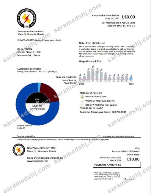 Liberia Electricity Corporation utility bill template in Word and PDF format